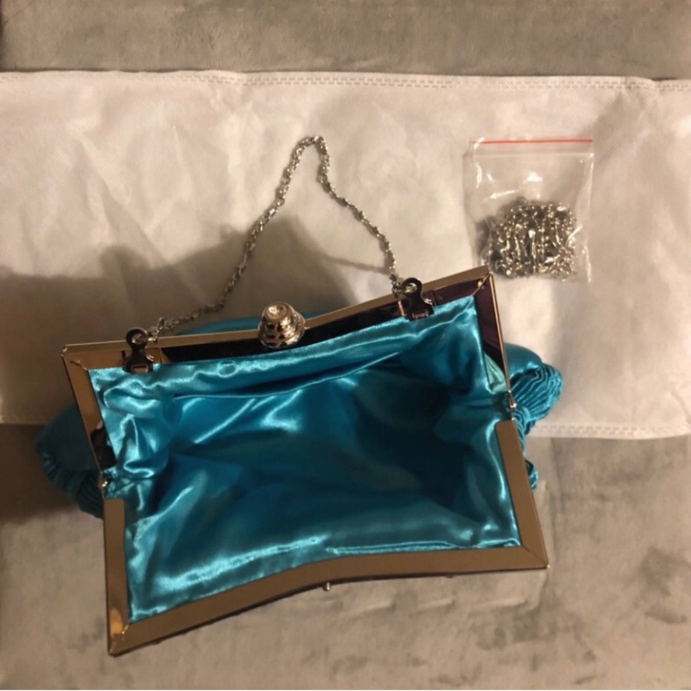 Turquoise & Silver Satin Clutch Crossbody Bag - Picture 4 of 10